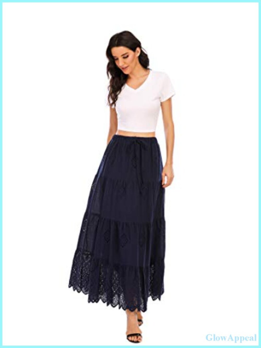 Women's Boho Cotton Embroidered Tiered Maxi Skirt Elastic High Waist A-Line - Picture 2 of 6